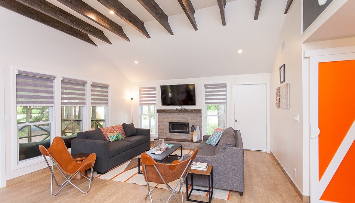 modern living room with a fireplace